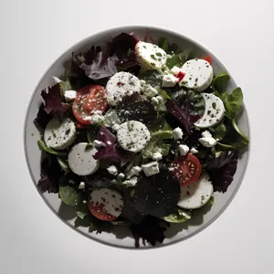 Gourmet salad with fresh vegetables and cheese slice