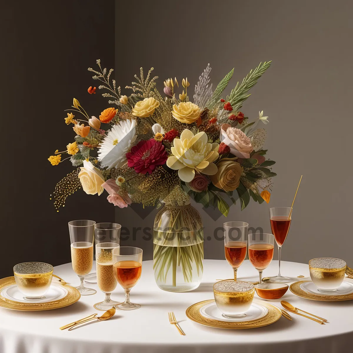 Picture of Elegant floral wedding table setting with glassware and plate