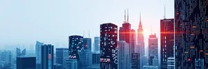 Modern business district skyline at night with city lights