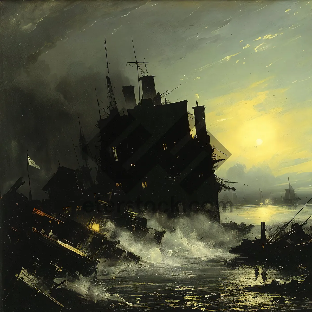 Picture of Serenity at Sea: Sunset Shipwreck Amidst City Lights.