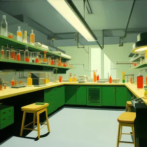 Modern kitchen interior with sleek furniture and lighting.