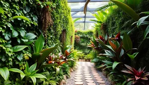 Tropical greenhouse with palm trees and flowers.