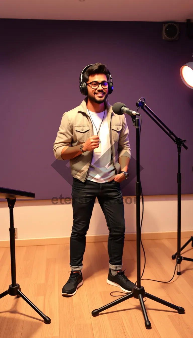 Picture of Male DJ posing with microphone in stylish studio portrait