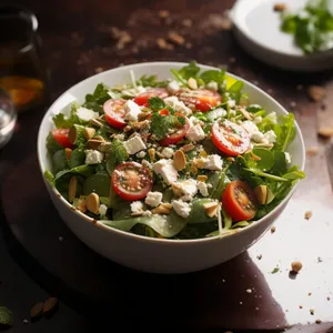 Healthy vegetable salad bowl with fresh ingredients in gourmet restaurant.