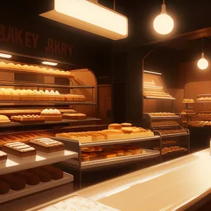 Modern luxury bakery shop interior with stylish counter.