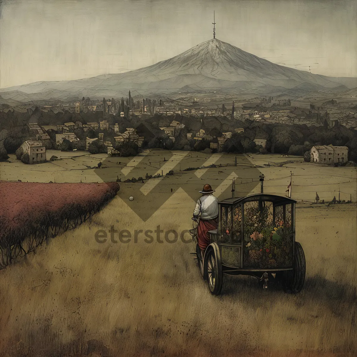 Picture of Rural Farm Landscape with Hay Wagon and Tractor