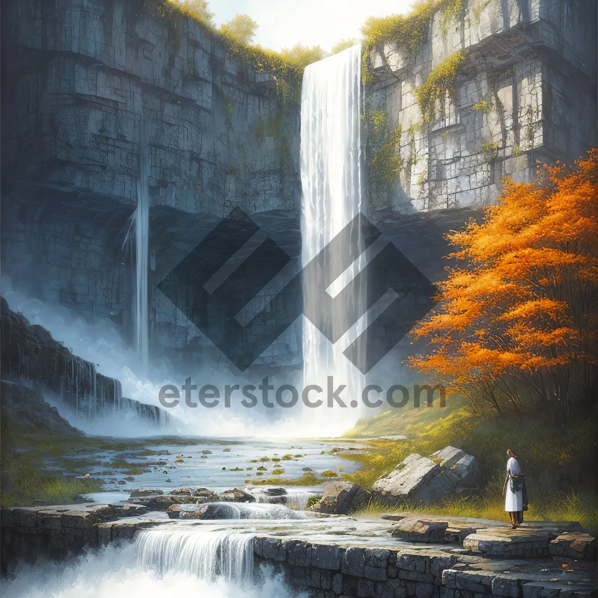 Picture of Tranquil Waterfall in Serene Forest Landscape