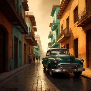 Urban street with old building and car