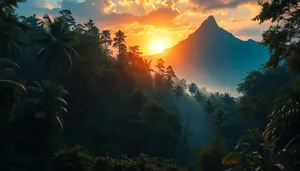 Golden sunset over mountain park landscape