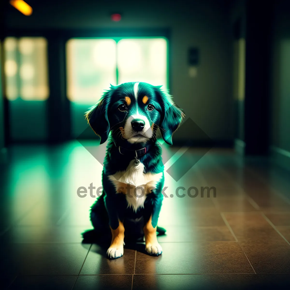 Picture of Adorable Black Puppy on Leash, Captivating Canine Companion