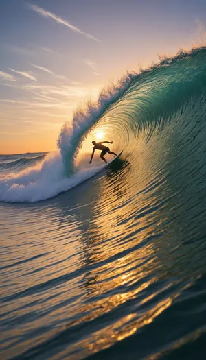 Tropical sunset with surfer riding waves.