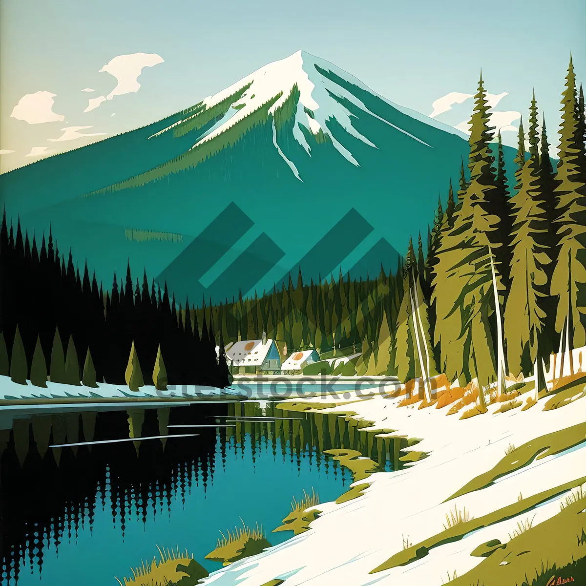 Picture of Serene Mountain Shrine by the Lake