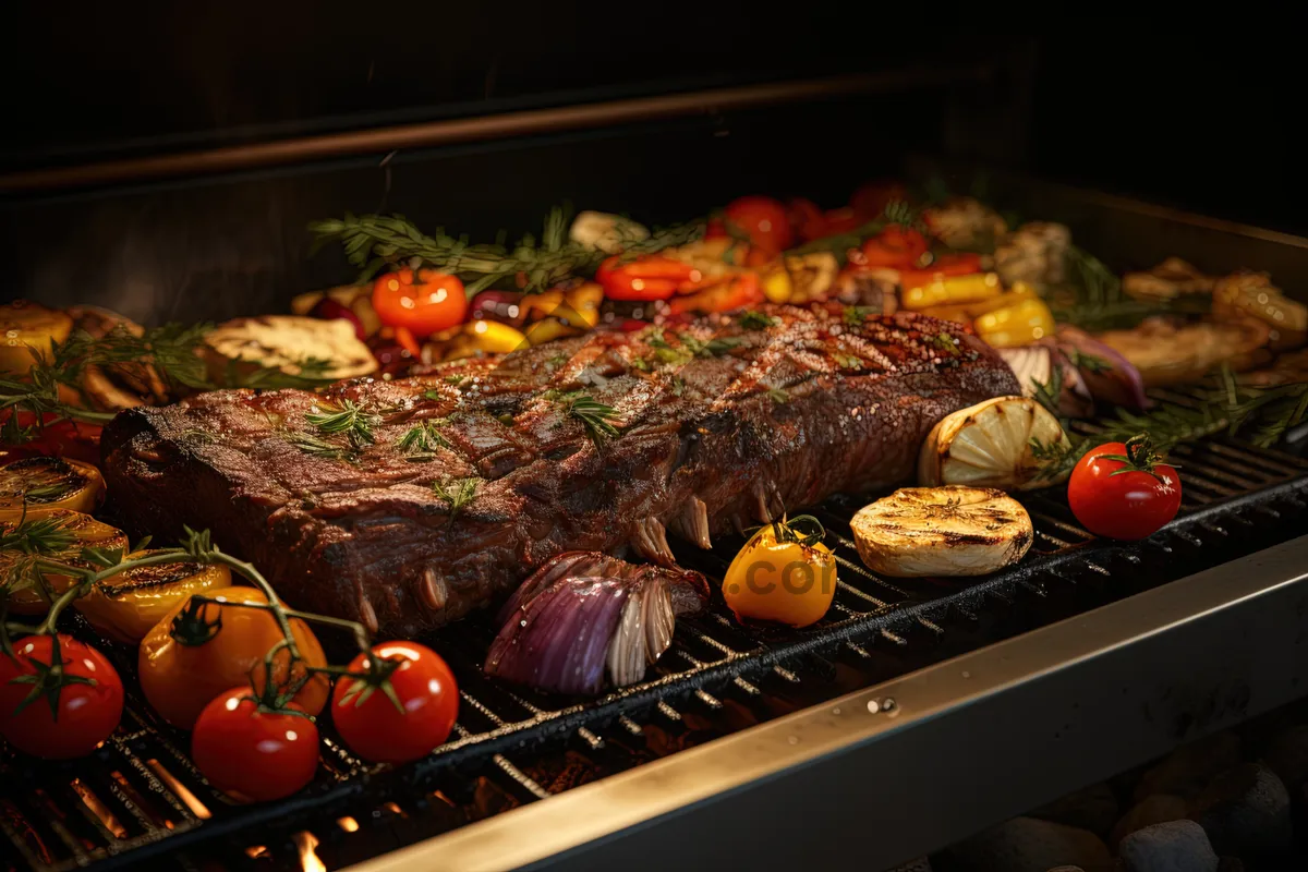 Picture of Fresh gourmet grilled beef with vegetable salad plate.