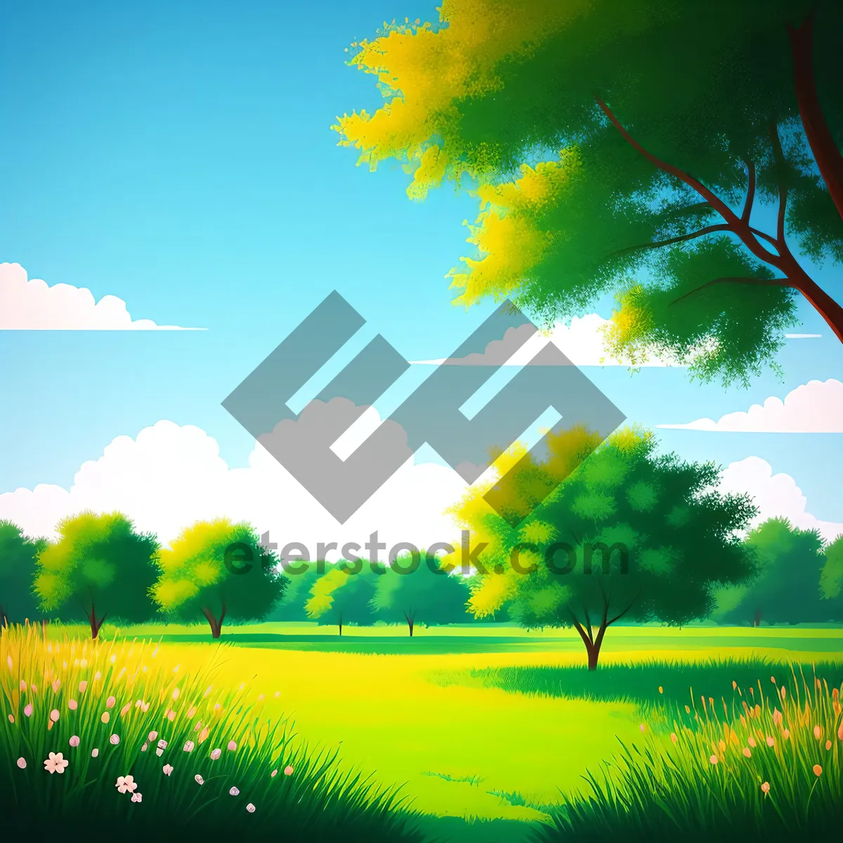 Picture of Sunlit Countryside Bliss: Vibrant Farm Scene Amidst Lush Green Meadow