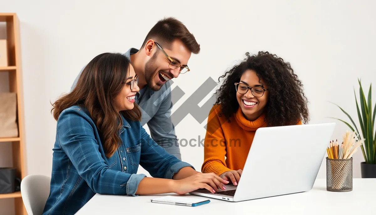 Picture of Happy businesswoman sitting at office desk with laptop.