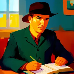 Smiling businessman working on laptop in office.