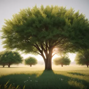 Serene Countryside with Lush Oak Trees and Clear Skies