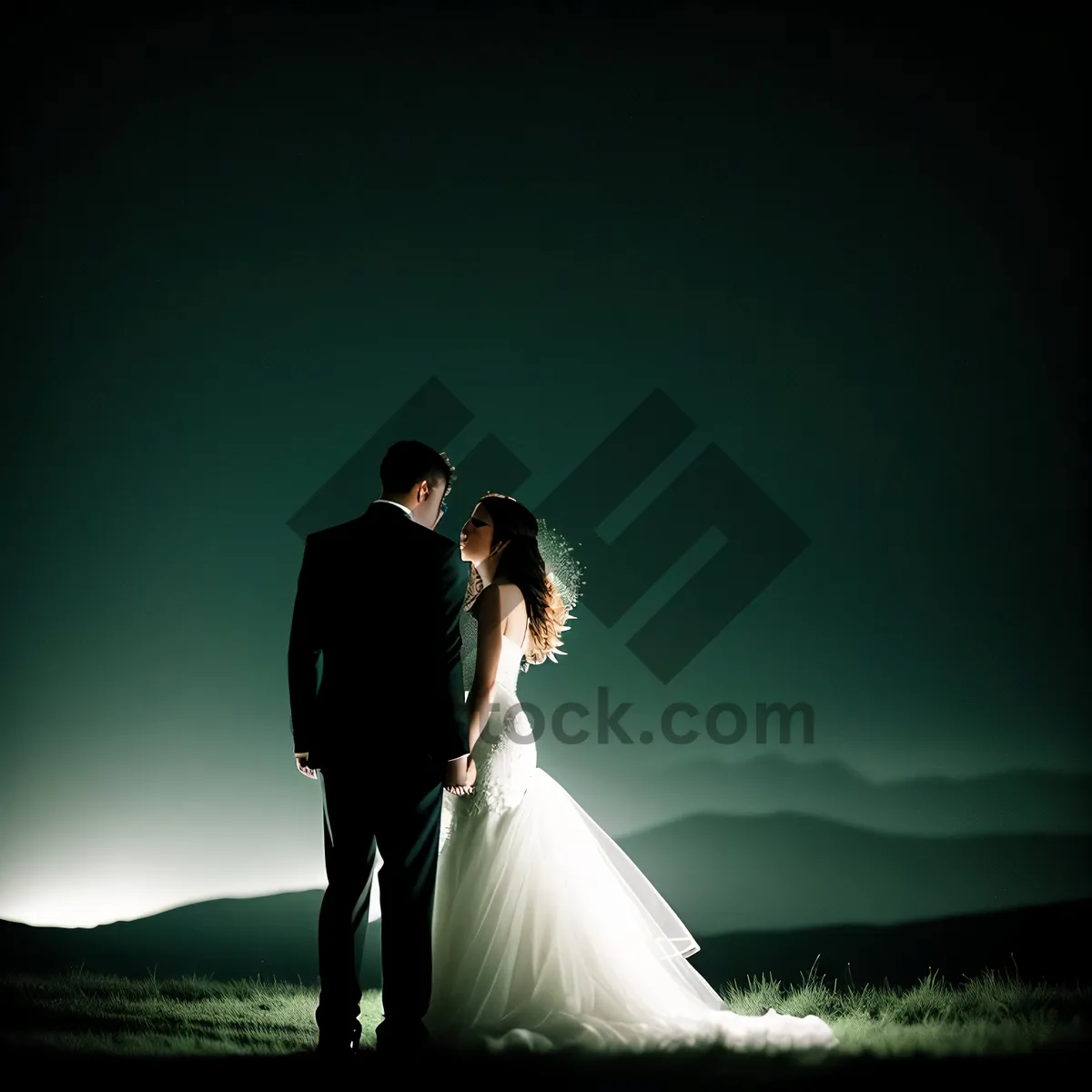 Picture of Sunset Silhouette of Happy Newlywed Couple