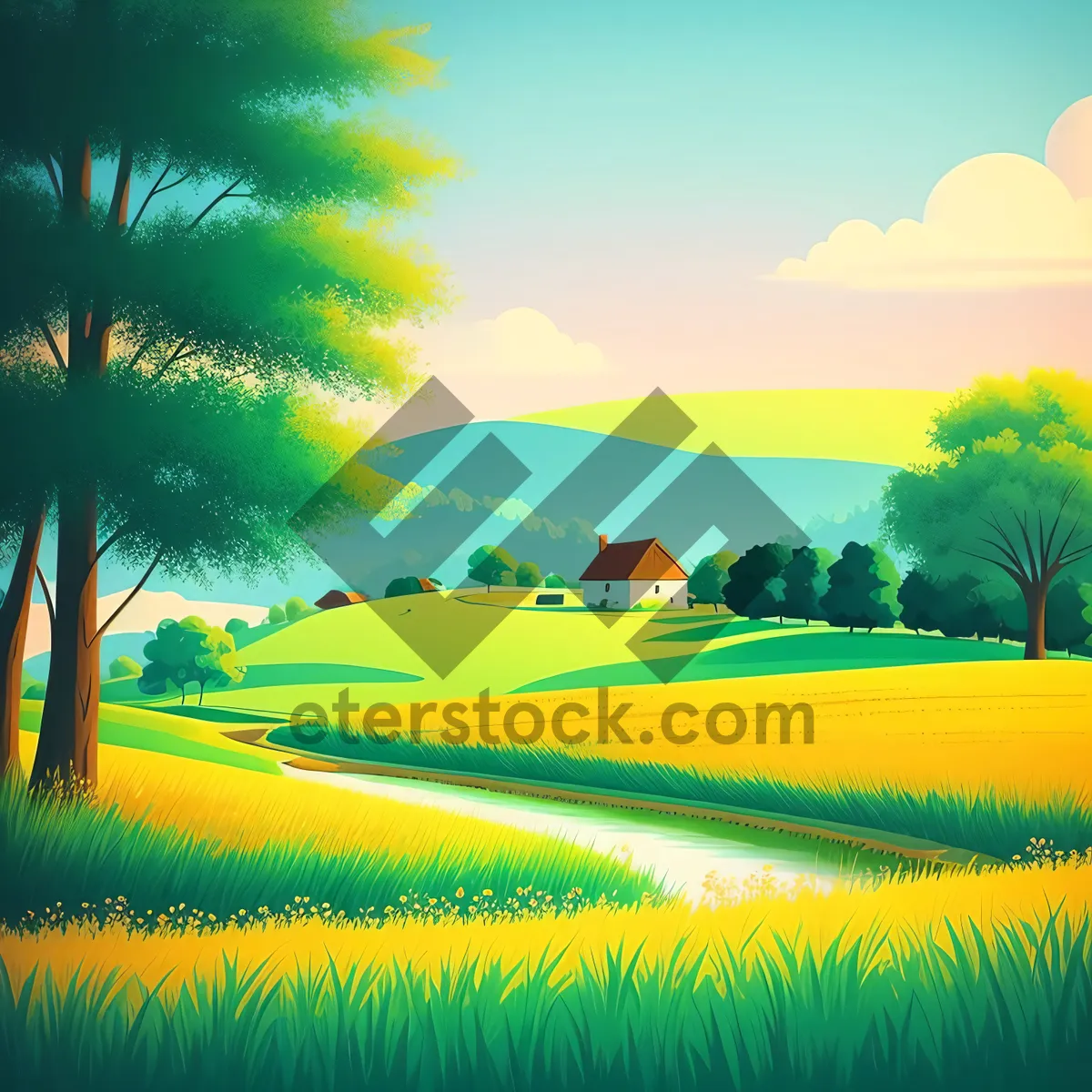 Picture of Sunny Landscape Over Rural Hill with Tree