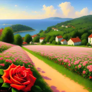 Blooming Tulips in Rural Landscape