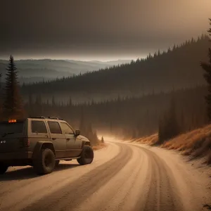 Jeep cruising on sandy highway under clear sky