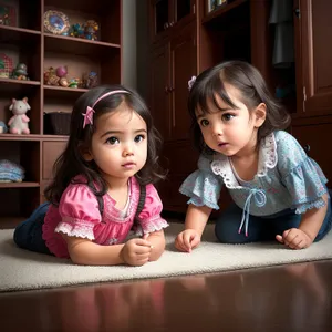 Happy siblings bonding with their toy doll at home