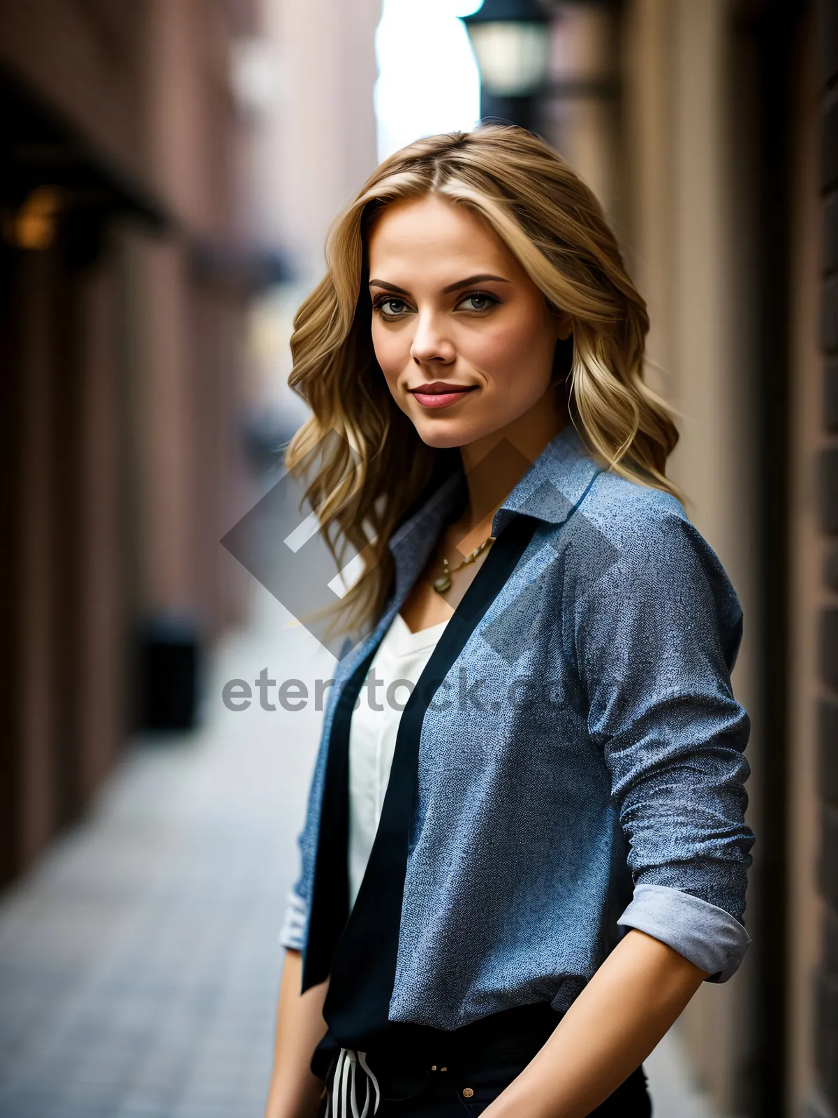 Picture of Successful businesswoman smiling with phone in leather suit.