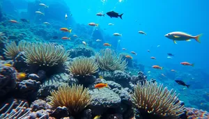 Colorful underwater coral reef with tropical fish diving.