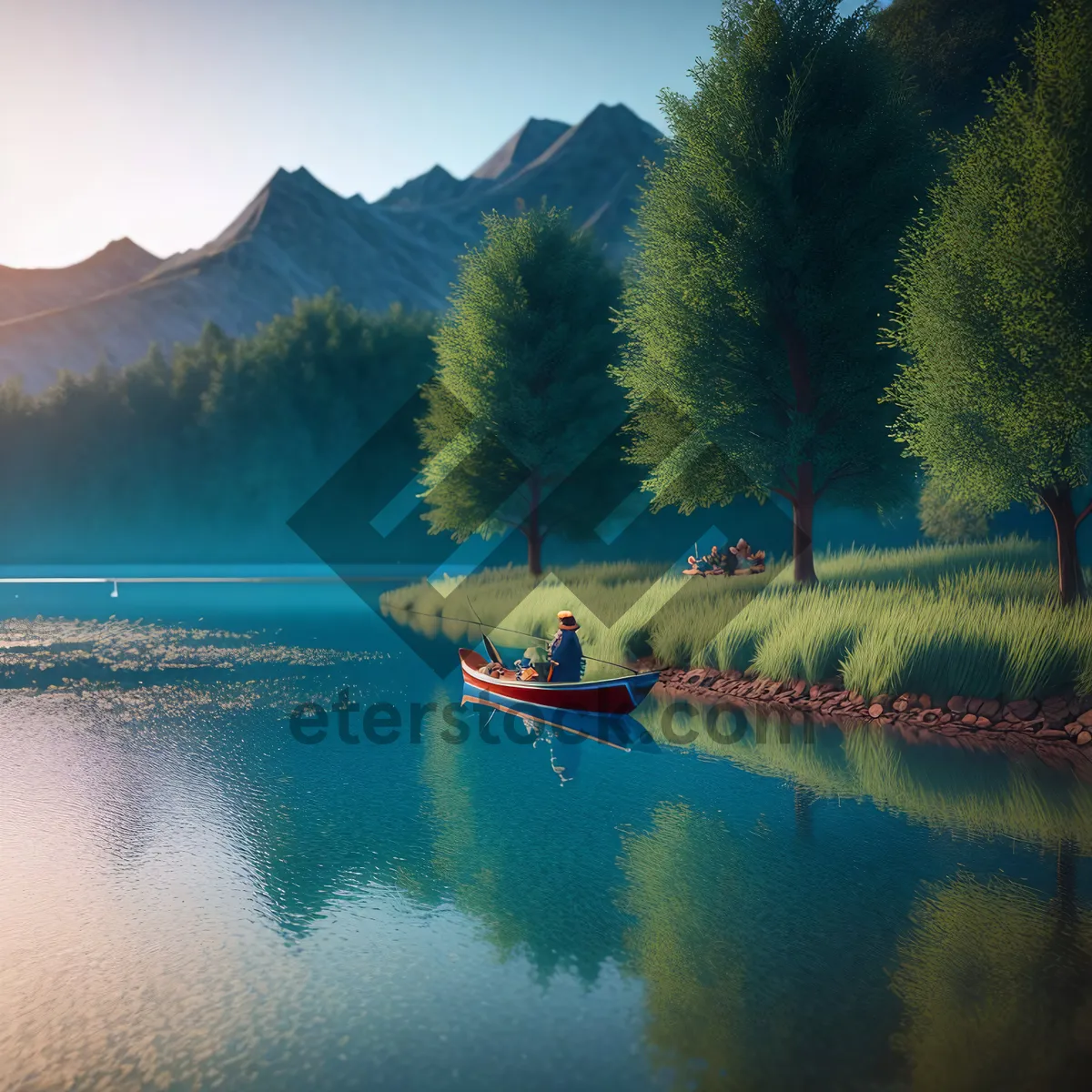 Picture of Serene Summer Lakeside Reflection among Majestic Mountains