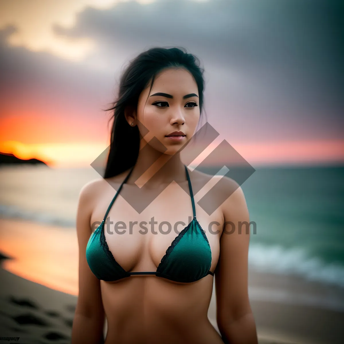 Picture of Sensual Summer Vibes: Brunette Beach Babe in Cute Bikini