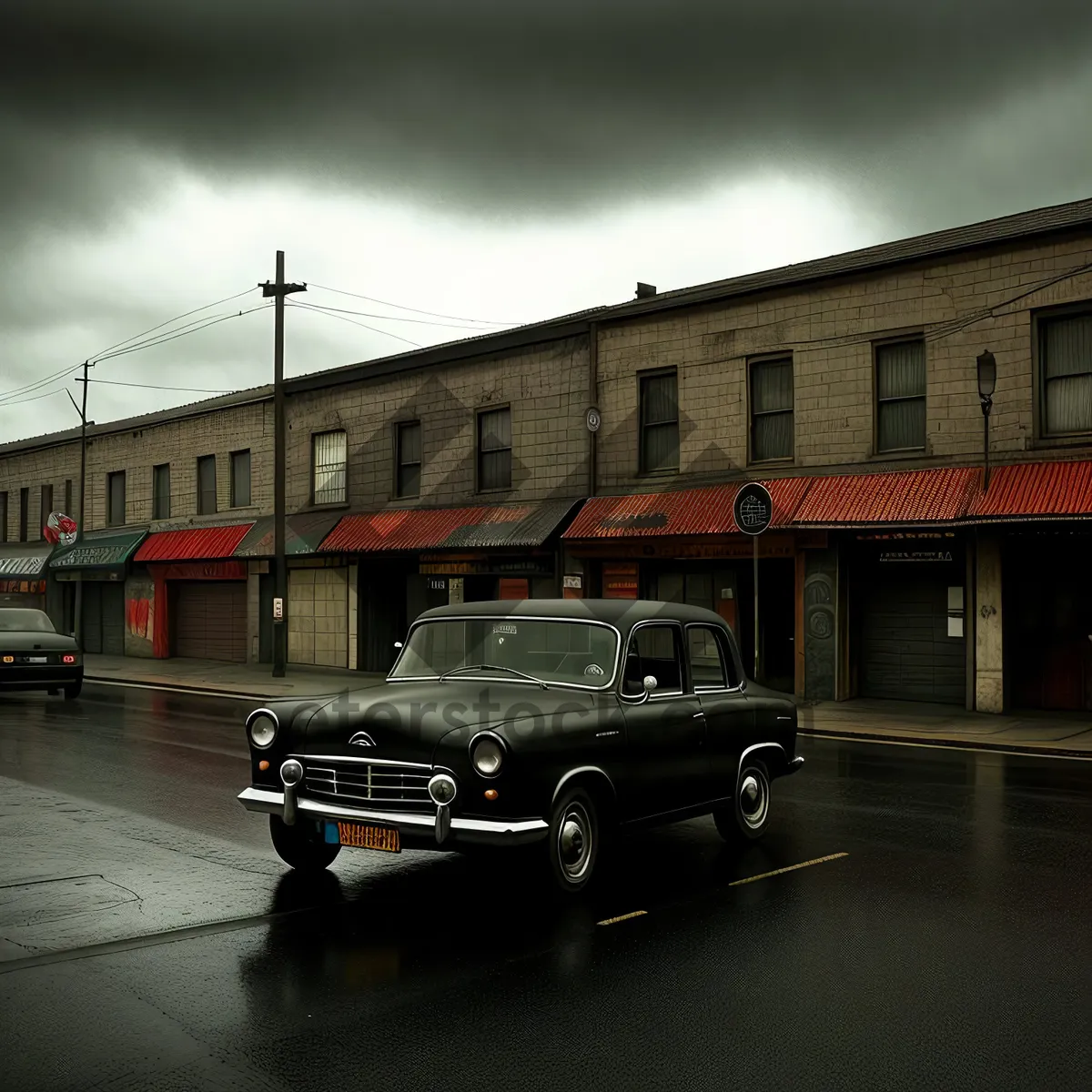 Picture of Urban City Street with Supermarket and Car