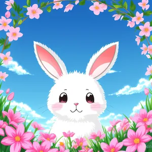 Cute Bunny with Floral Decorations"
OR
"Spring-themed Bunny Cartoon with Flower Design