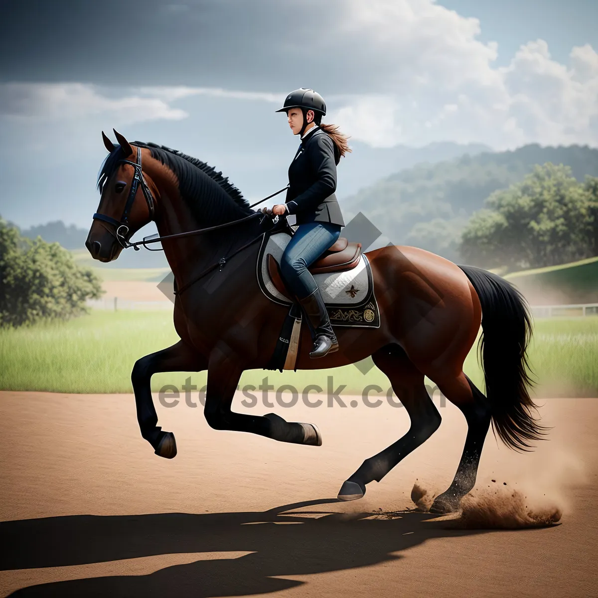 Picture of Equestrian Rider on Thoroughbred Stallion in Competition.