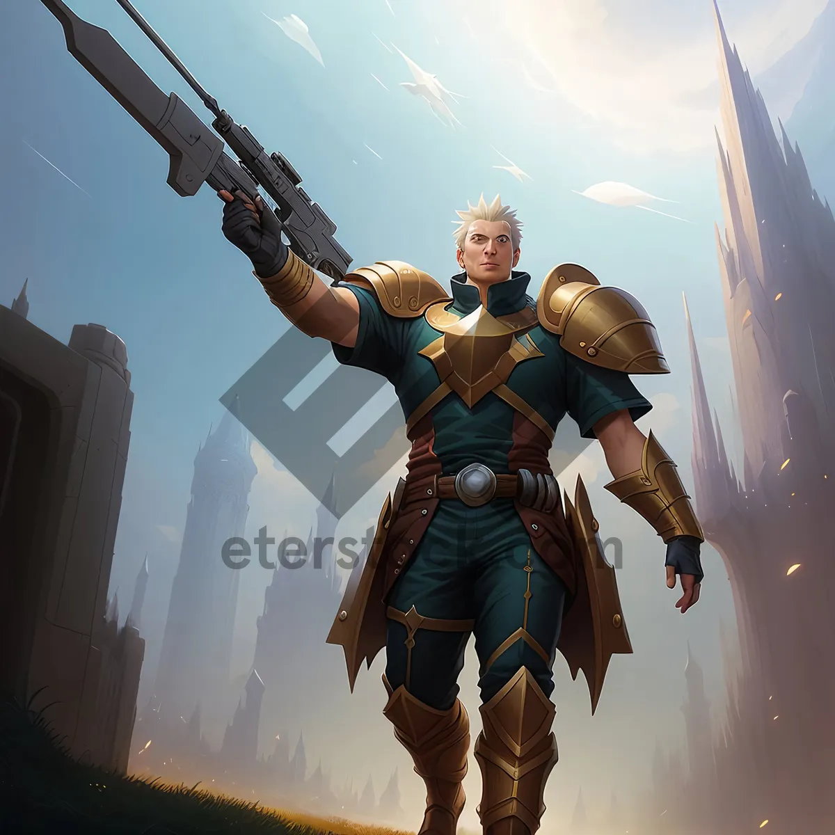 Picture of Male Soldier in Military Armor with Halberd Weapon