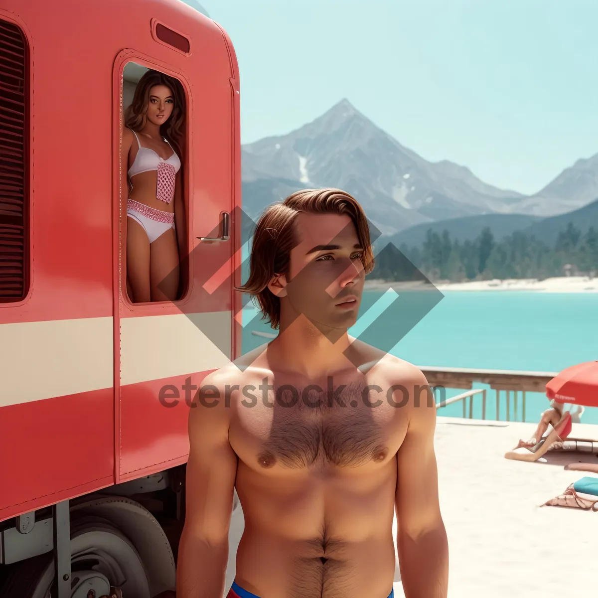 Picture of Smiling Bikini-clad Tourist by the Beach