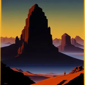 Majestic Sunset over Desert's Rocky Silhouette.