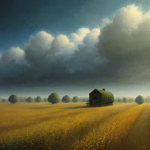 Golden Harvest: Serene Farm Landscape Under a Vibrant Sky