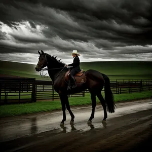 Thoroughbred mare galloping in rural meadow