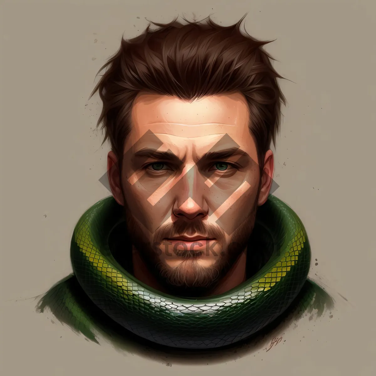 Picture of Green Mamba Portrait: Attractive Man with Serpent