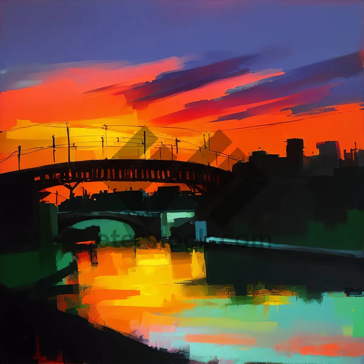 Picture of Serene Sunset over Historic Town with River and Bridge