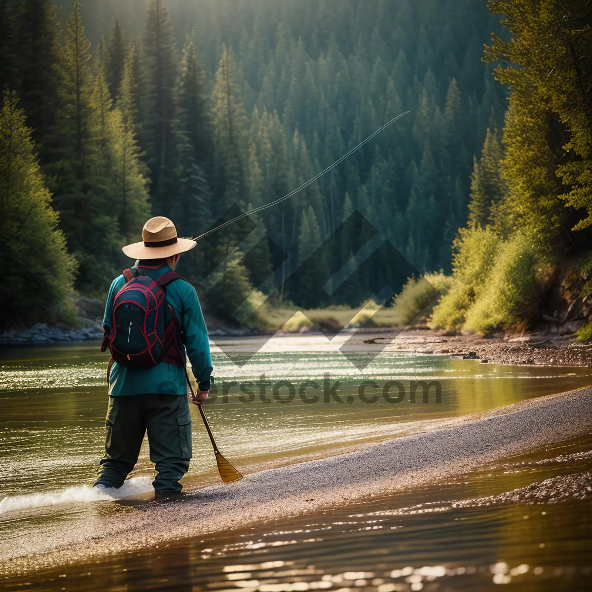 Picture of River Fishing: Man with Paddle and Reel