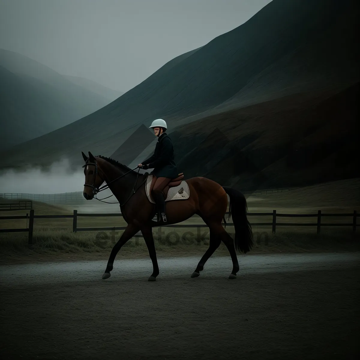 Picture of Thoroughbred Stallion Galloping through Rustic Pasture