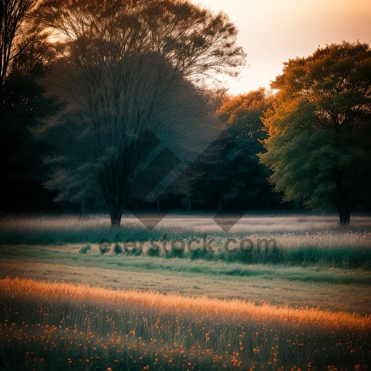 Picture of Serene countryside sunset over a rustic park bench