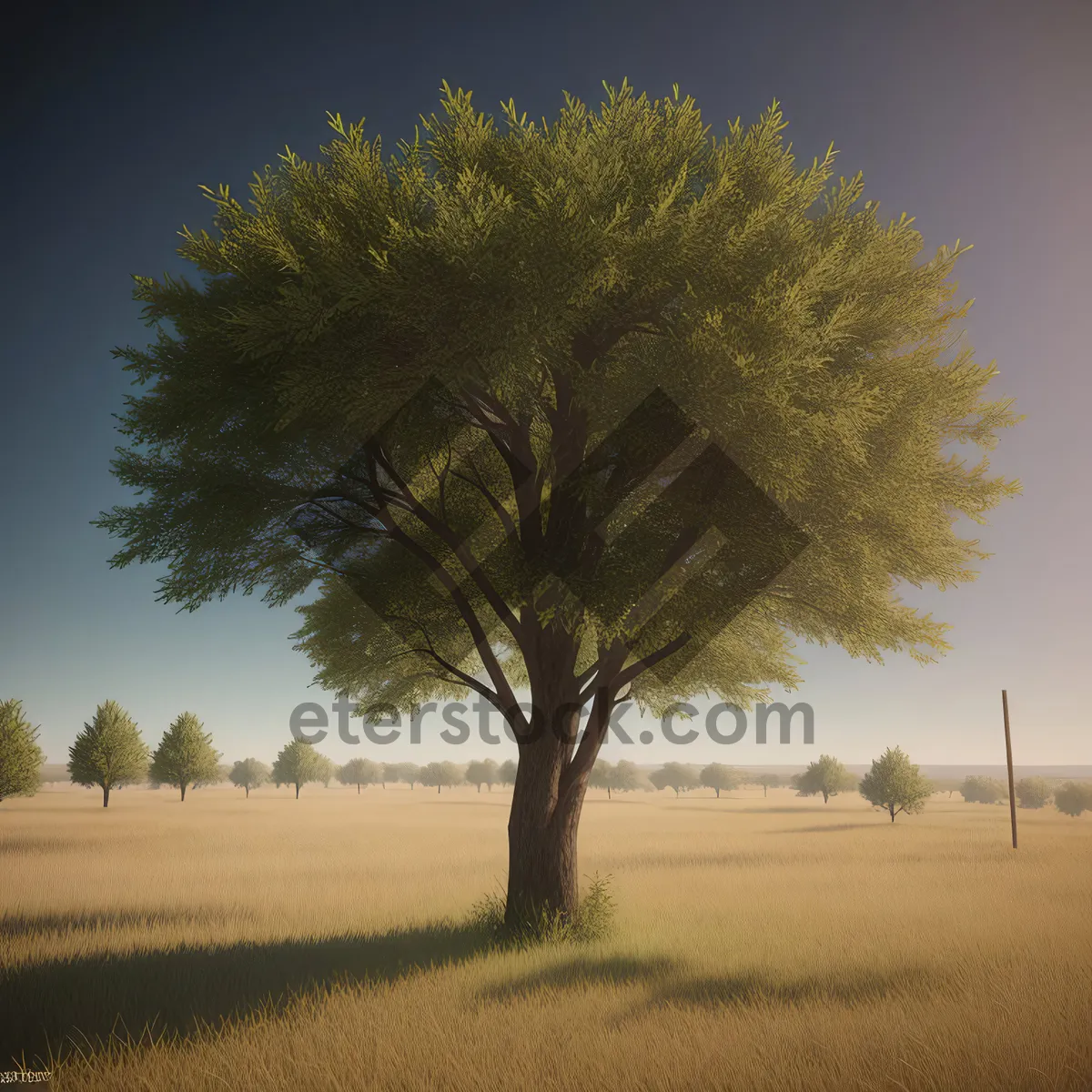 Picture of Serene Meadow with Acacia Trees Under Clear Skies