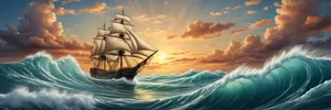 Pirate ship sailing into the sunset on the ocean
