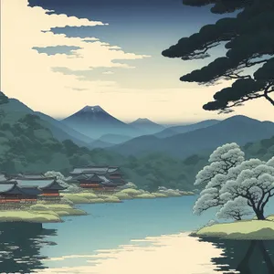 Scenic coastal mountain view reflecting on lake shore.