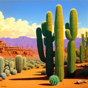 Saguaro cactus amidst desert landscape under dramatic sky