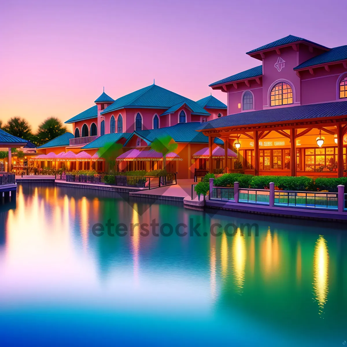 Picture of Waterfront Villa at Night with Reflecting Bridge