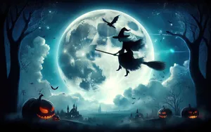 A witch flying on a broomstick against a huge full moon. AI, Generation, Illustration