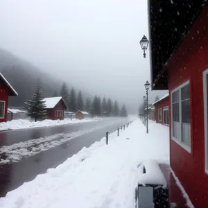 Winter Wonderland: Majestic snow-capped mountains nestled in a frozen forest.